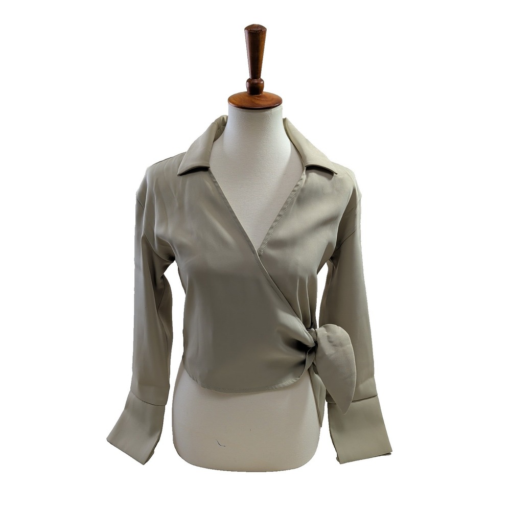 Express Wrap Blouse Women XS Green V-Neck Long Sleeve Career Minimalist Office